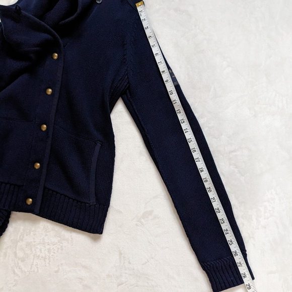 Lauren Ralph Lauren Navy Shawl Collar Elbow Shoulder Patch Gold Button Cardigan - Picture 9 of 13